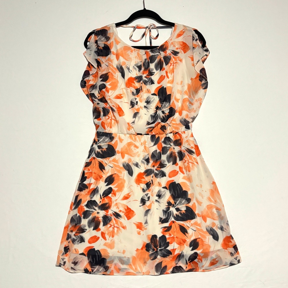 The Limited Floral Chiffon Dress Womens Small Orange Navy‎ Tie Back